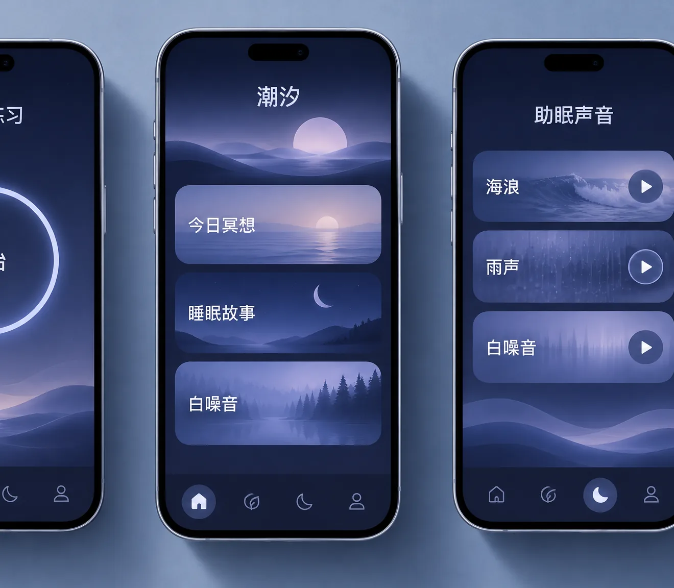 Three Tidal app screens: meditation, stories and sleep sounds