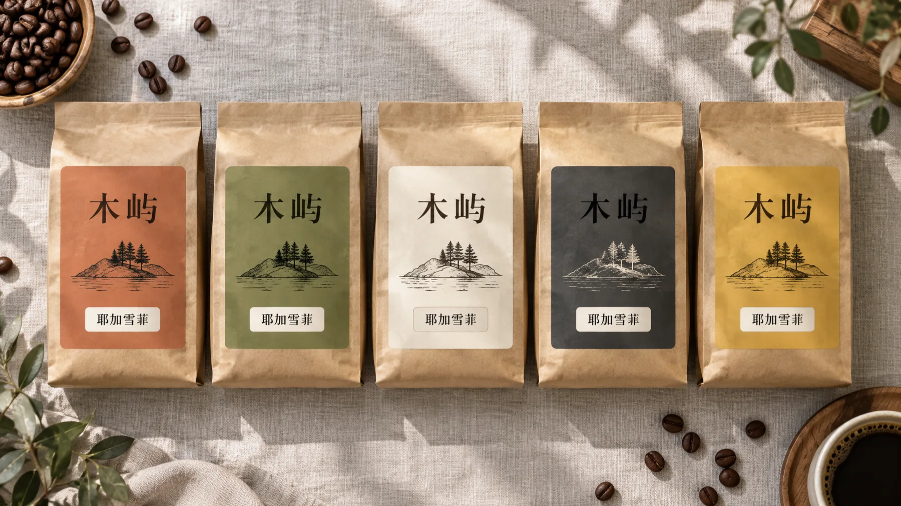 Five Muyu coffee bags lined up