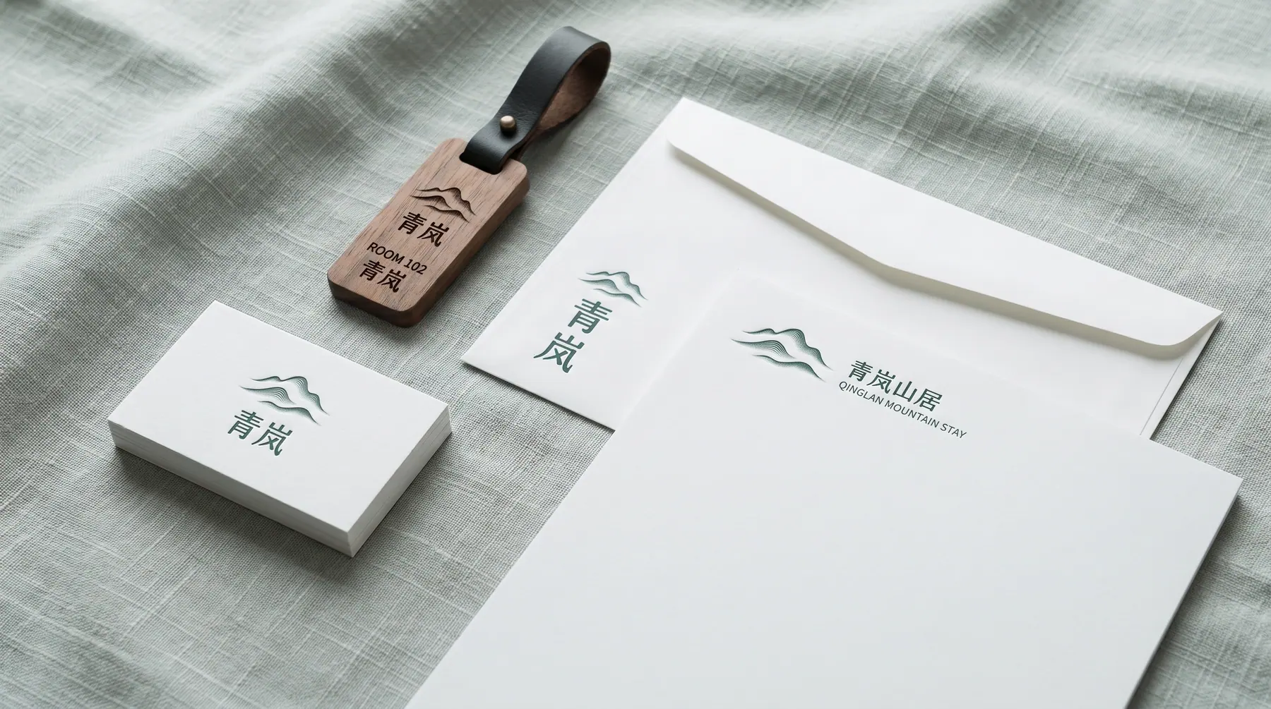 Qinglan Lodge business card, envelope and wooden key tag