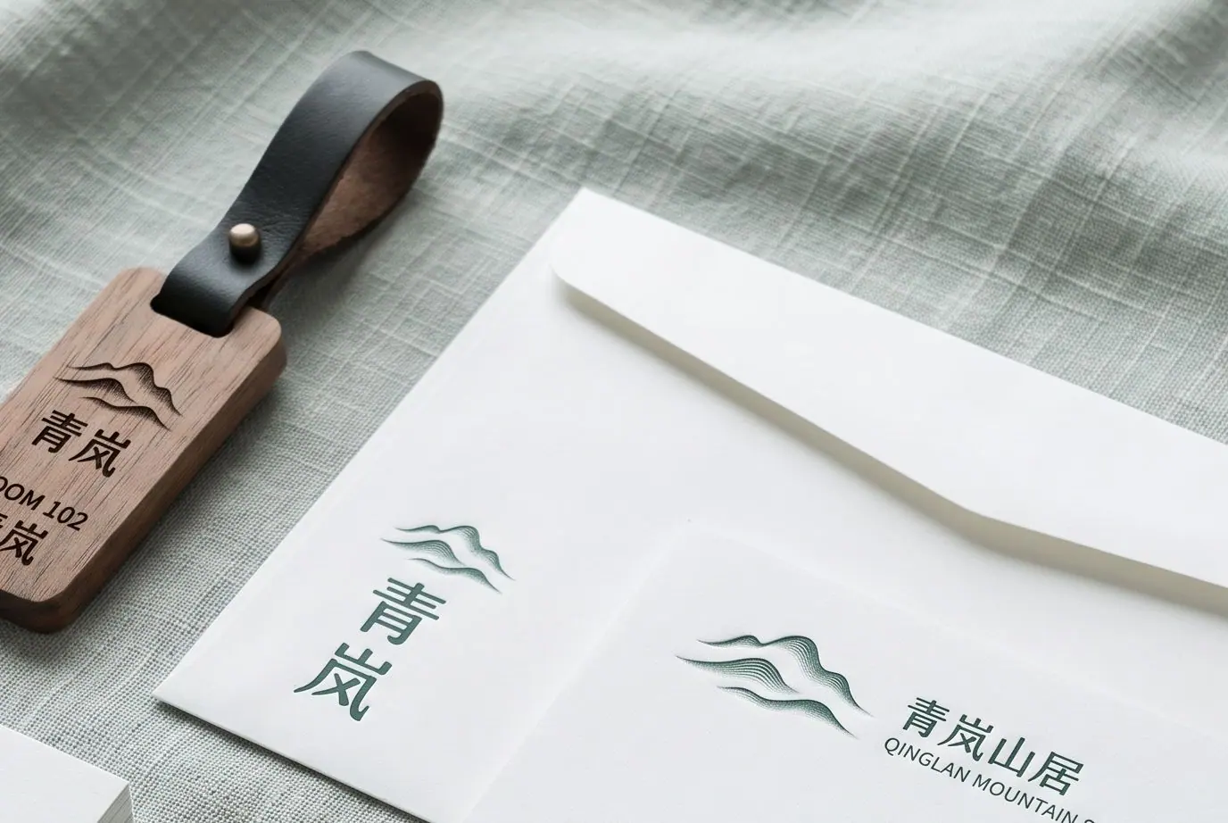 Close-up of a Qinglan Lodge key tag and envelope