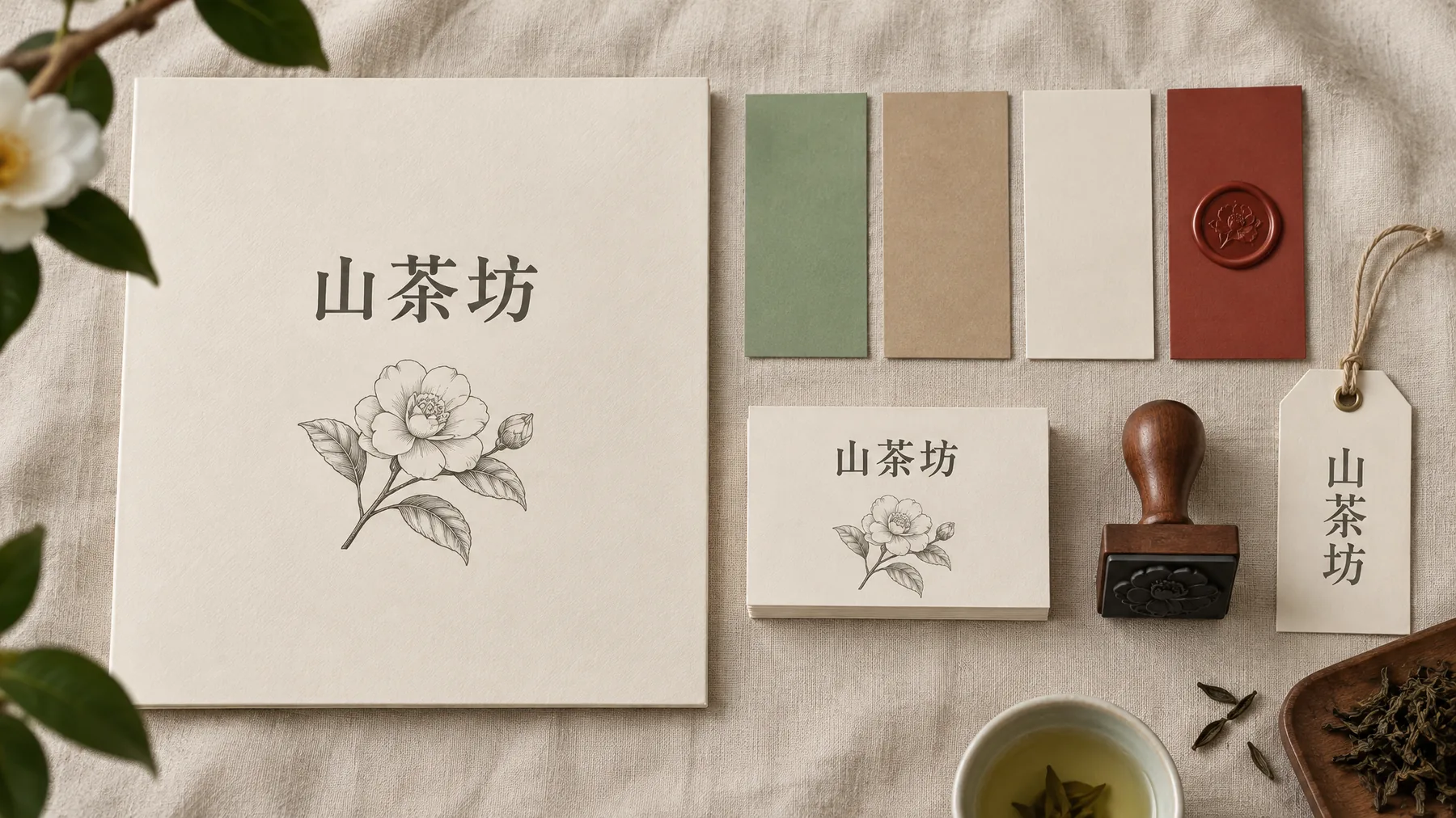 Camellia House brand guidelines board with logo, palette, business cards and seal